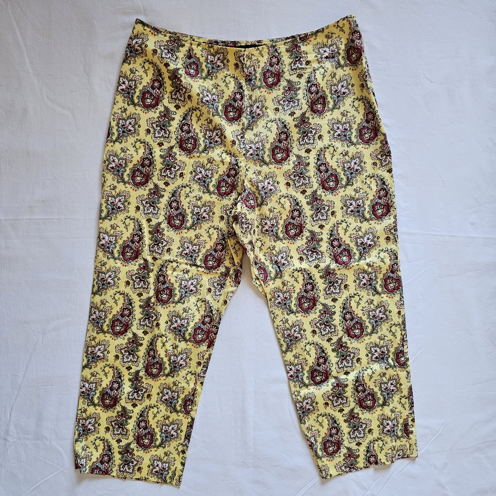 Herman Geist Cotton Blend Stretchy Yellow Paisley Straight Leg Capri Pants 16